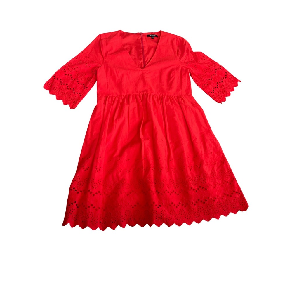 Madewell‎ Red Eyelet Mini Dress V-Neck Scalloped Hem Elbow Sleeve Cotton G4554